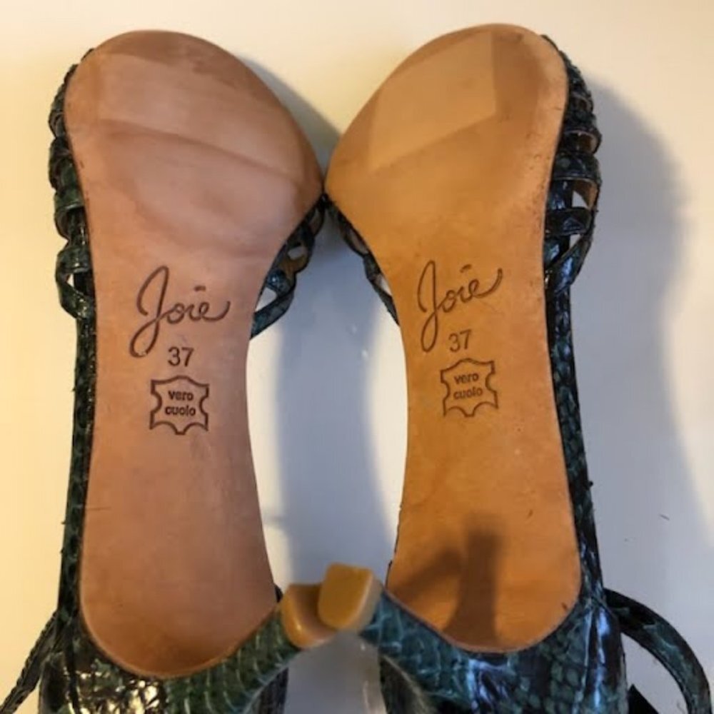 New JOIE Caged Open-toe Sandal Pumps Emerald Snakeskin Leather Kitten Heel 7 - Picture 10 of 11